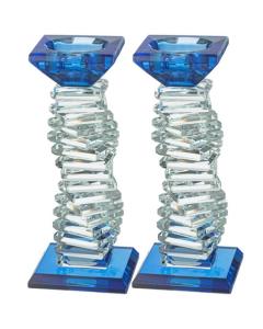 Pair of Clear & Blue Crystal Elegant Candlesticks