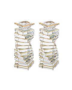 Pair of Crystal Candlesticks - Twisted Step - Clear w/ Gold