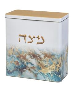 Tin Matzah Box - Blue & Gold Marble