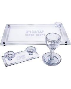 Crystal Set of Candlesticks + Kiddush Cup + Challah Tray