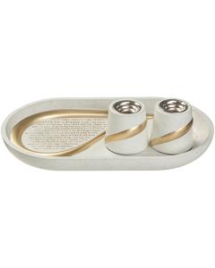 Off-White Polyresin Set Pair of Candle Holders & Tray