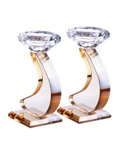 Modern Curved Amber & Clear Crystal Candlesticks