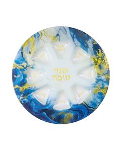 Elegant Glass Rosh Hashanah Plate - Blue