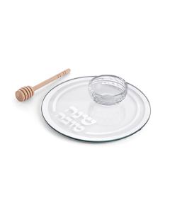 Glass Honey Dish & Tray with White Rim