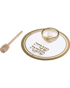 Glass Honey Dish & Tray with Gold Rim