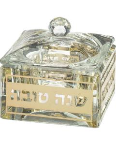 Crystal Honey Dish with Metal Plaque - Shana Tova
