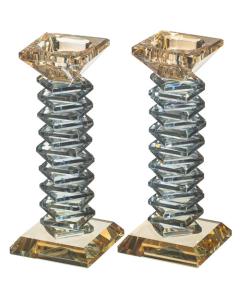 Pair of Stacked Crystal Elegant Candlesticks - Black & Gold