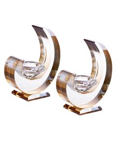 Modern Wave Amber & Clear Crystal Candlesticks
