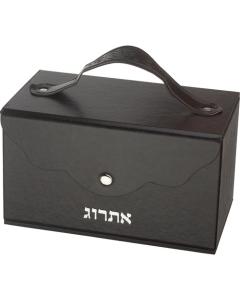 Faux Leather Etrog Box, Handle & Lock - Brown  w/ Silver Print