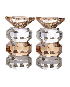 Pair of Elegant Clear & Amber Crystal Candlesticks