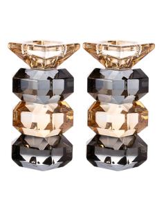 Pair of Elegant Black & Amber Crystal Candlesticks