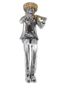 Silvered Polyresin Sitting Hassidic Figurine with Cloth  Legs - Fiddle Player
