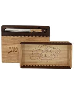 Two Tone Hardwood Challah Board W/ Knife & Tray