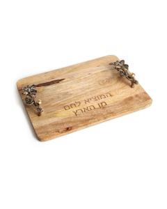 Wood Challah Board Golden Leaf Handles Design