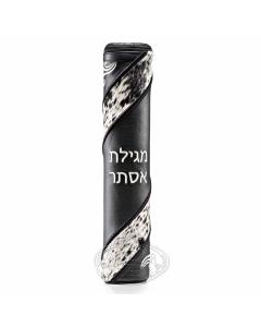 Black Leather Megillah Holder, with Black and White Fur and Black,SiIver Embroidery