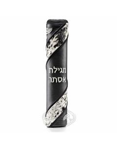 Black Leather Megillah Holder w/ Black & White Fur & Black & Silver Embroidery