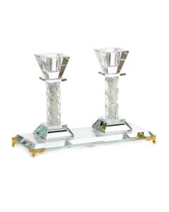 Crystal Candlestick Pair On Tray - Gold Foot