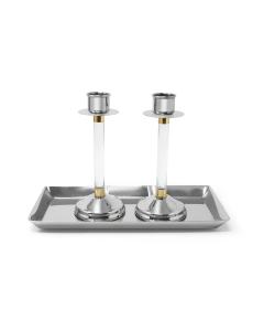 Set of 2 Stainless Steel Candlesticks w/ Acrylic Stems  on a Tray