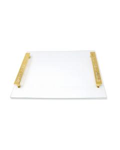 Glass Challah Board - White Leather with Gold Imprinted Handles
