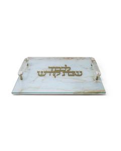 White Leather Challah Board with Glass Top & Print & Open Acrylic Handles
