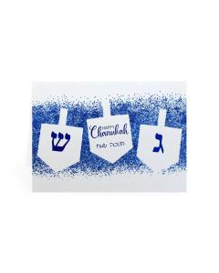 Hand Made Chanukah Card - Blue with White Dreidels