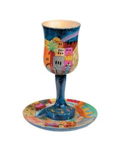 Large Wooden Kiddush Cup and Saucer - Jerusalem