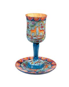 Large Wooden Kiddush Cup and Saucer - Oriental
