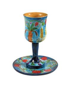 Wooden Kiddush Cup and Saucer - The Seven Species