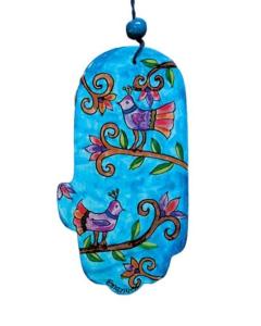 Large Wood Painted Hamsa -Birds Blue
