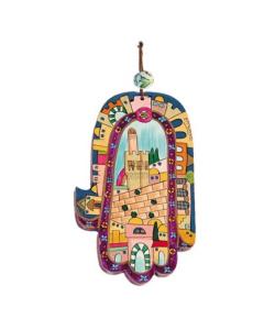 Large Wood Painted Hamsa -Jerusalem in Color
