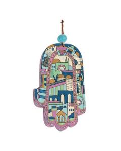 Large Wood Painted Hamsa -Jerusalem in Blue