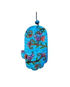 Small Wood Painted Hamsa - Birds Blue