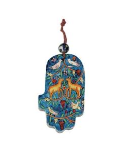 Small Wood Painted Hamsa - gazelle and birds