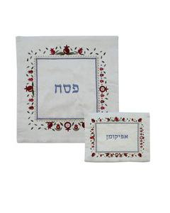 Embroidered Matzah Cover- Pomegranates Square