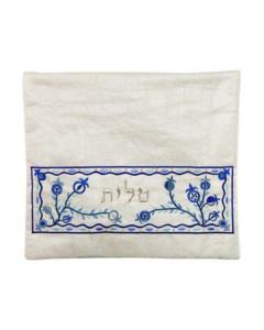 White Tallis Bag with Blue Pomegranate Embroidery