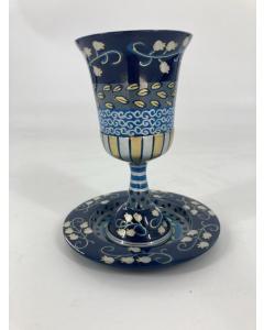 Hand-Painted Emanuel Kiddush Cup Pomegranate Design with Leaves, Swirls, & Stripes (Blue)
