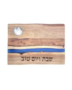Emanuel Oblong Acacia Wood Challah Board  w/ Salt Dish - Blue Stripes