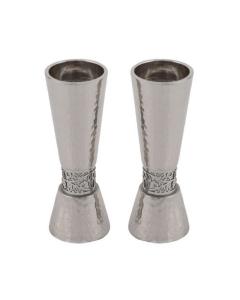 Emanuel Large Silver-Toned Hammered Candlesticks  with Silver-Toned Pomegranate Metal Cutout