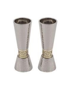 Emanuel Large Silver-Toned Hammered Candlesticks  with Gold-Toned Pomegranate Metal Cutout
