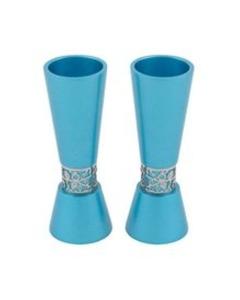 Emanuel Large Turquoise-Toned Candlesticks  with Silver-Toned Pomegranate Metal Cutout