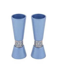 Emanuel Large Blue-Toned Hammered Candlesticks  with Silver-Toned Pomegranate Metal Cutout