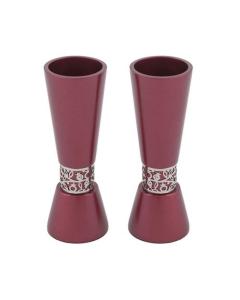 Emanuel Large Maroon-Toned Hammered Candlesticks  with Silver-Toned Pomegranate Metal Cutout