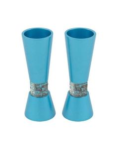 Emanuel Large Turquoise-Toned Candlesticks  with Silver-Toned Jerusalem Metal Cutout