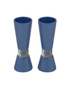 Emanuel Large Blue-Toned Hammered Candlesticks  with Silver-Toned Jerusalem Metal Cutout