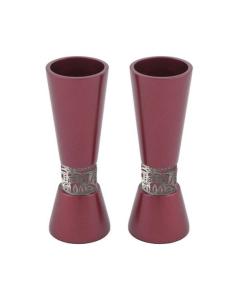 Emanuel Large Maroon-Toned Hammered Candlesticks  with Silver-Toned Jerusalem Metal Cutout
