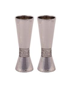 Emanuel Large Silver-Toned Hammered Candlesticks  with Silver-Toned Jerusalem Metal Cutout