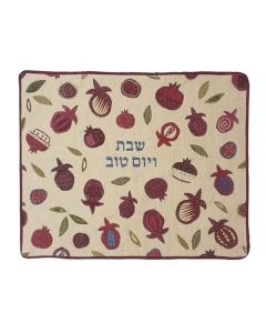 Embroidered Challah Cover-Large Pomegranates  on Linen Background