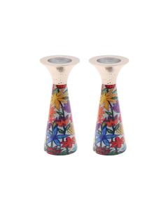 Emanuel Hammered Painted Cone Shaped Candlesticks 6" -  Flowers