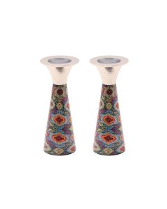 Emanuel Hammered Painted Cone Shaped Candlesticks 6" -  Multicolored Embroidery