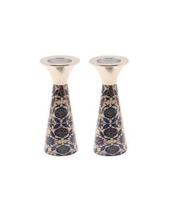 Emanuel Hammered Painted Cone Shaped Candlesticks 6" -  Oriental